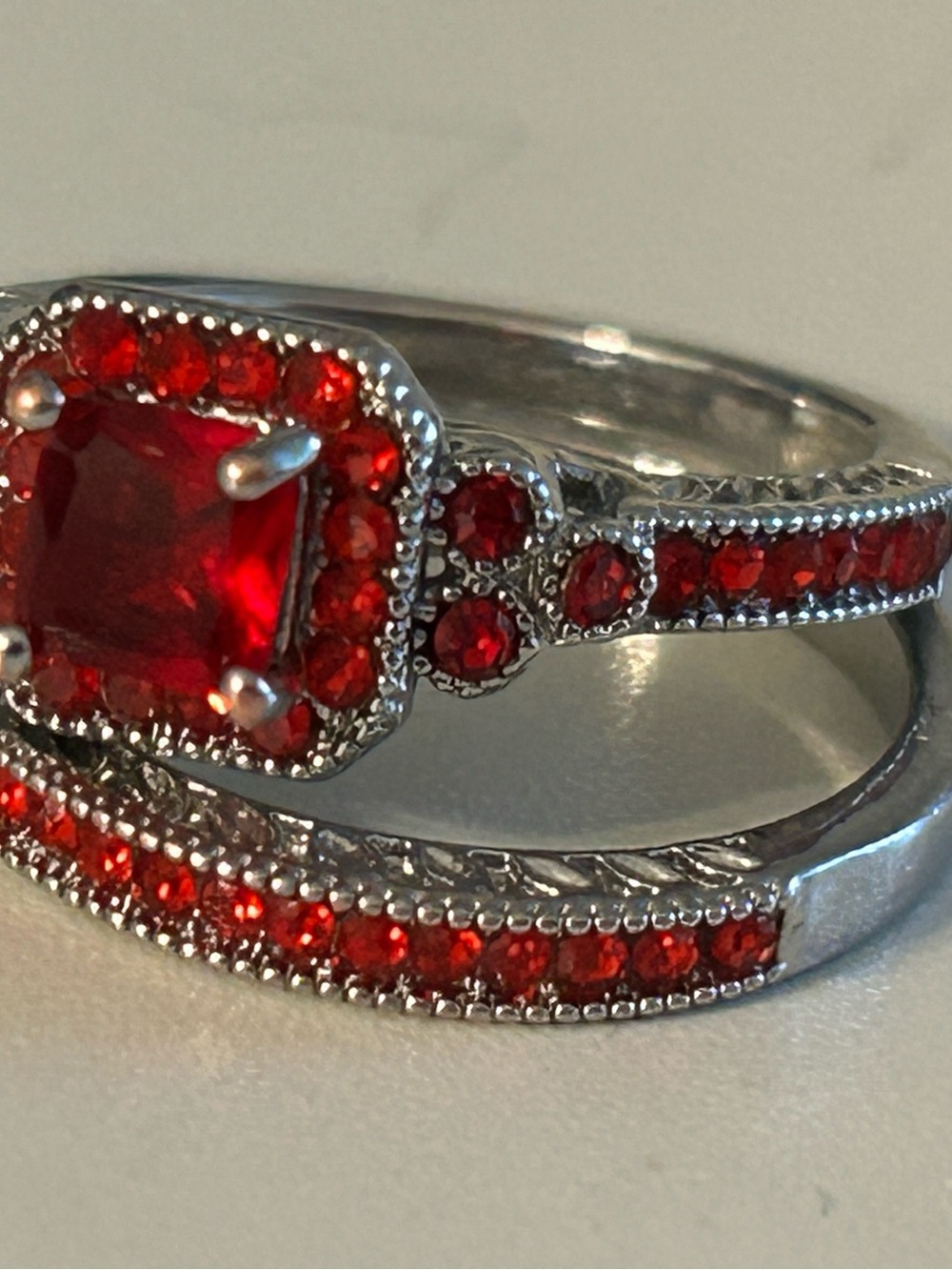 Sterling Silver Red CZ Halo Ring Set
